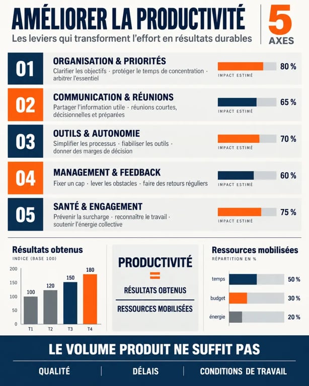 Infographie sur les leviers pour améliorer la productivité des salariés et mesurer les résultats