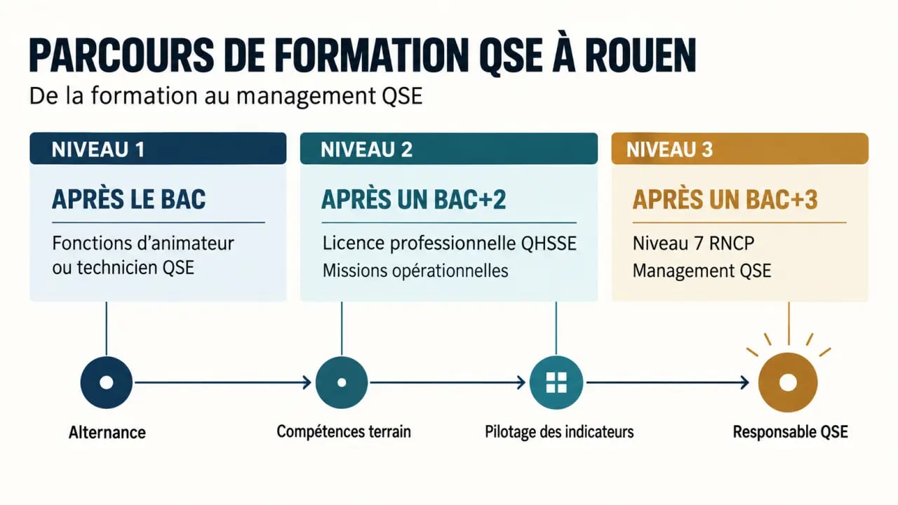 Infographie des parcours de formation QSE à Rouen après le bac, bac+2 ou bac+3