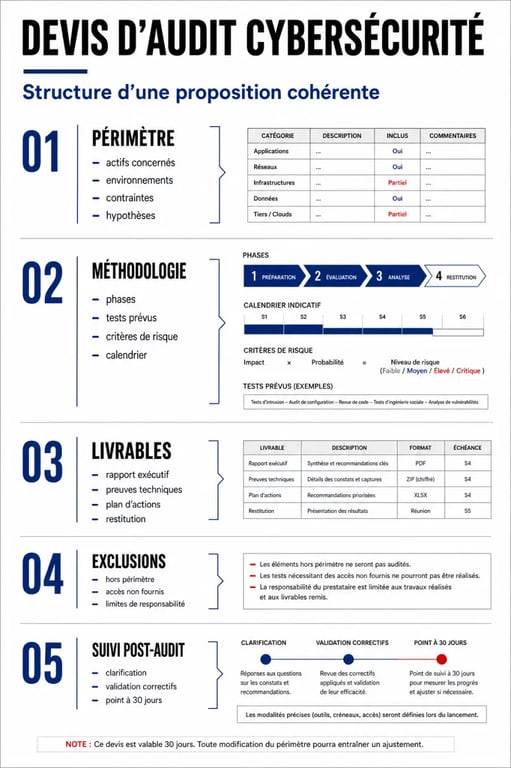 Audit cybersécurité prix : schéma d’un devis cohérent avec périmètre, livrables et exclusions