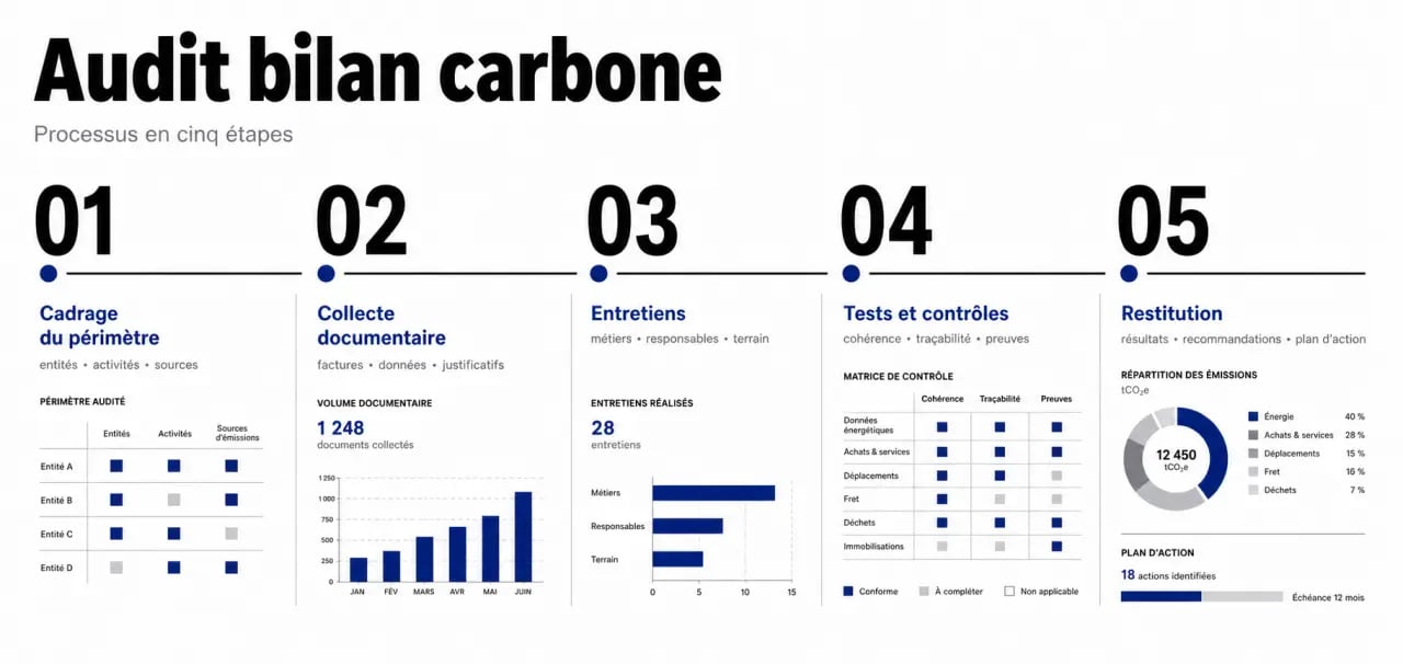 Audit bilan carbone : déroulé visuel des étapes de cadrage, collecte, tests et restitution