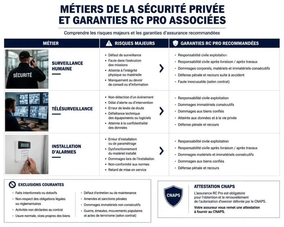 Assurance entreprise securite : comparaison visuelle des garanties RC Pro pour surveillance humaine, télésurveillance et installation d’alarmes