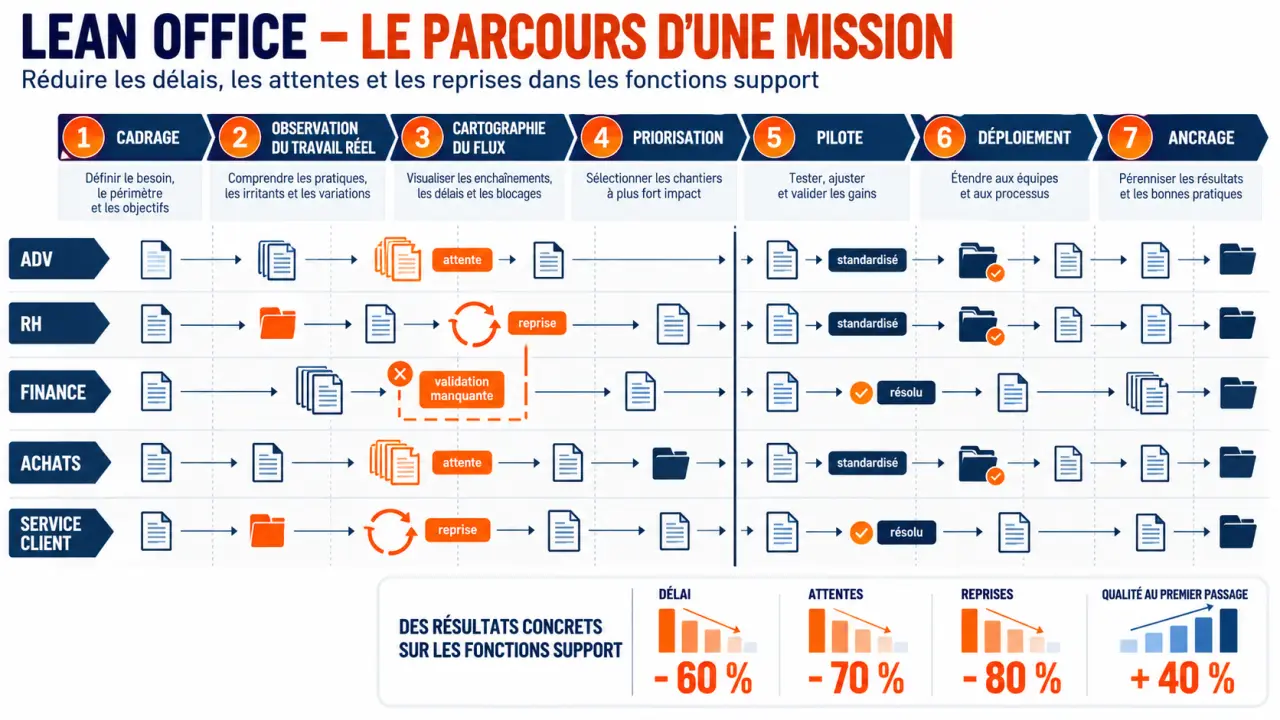 Parcours d’une mission de cabinet conseil Lean Office, du diagnostic au déploiement dans les fonctions support