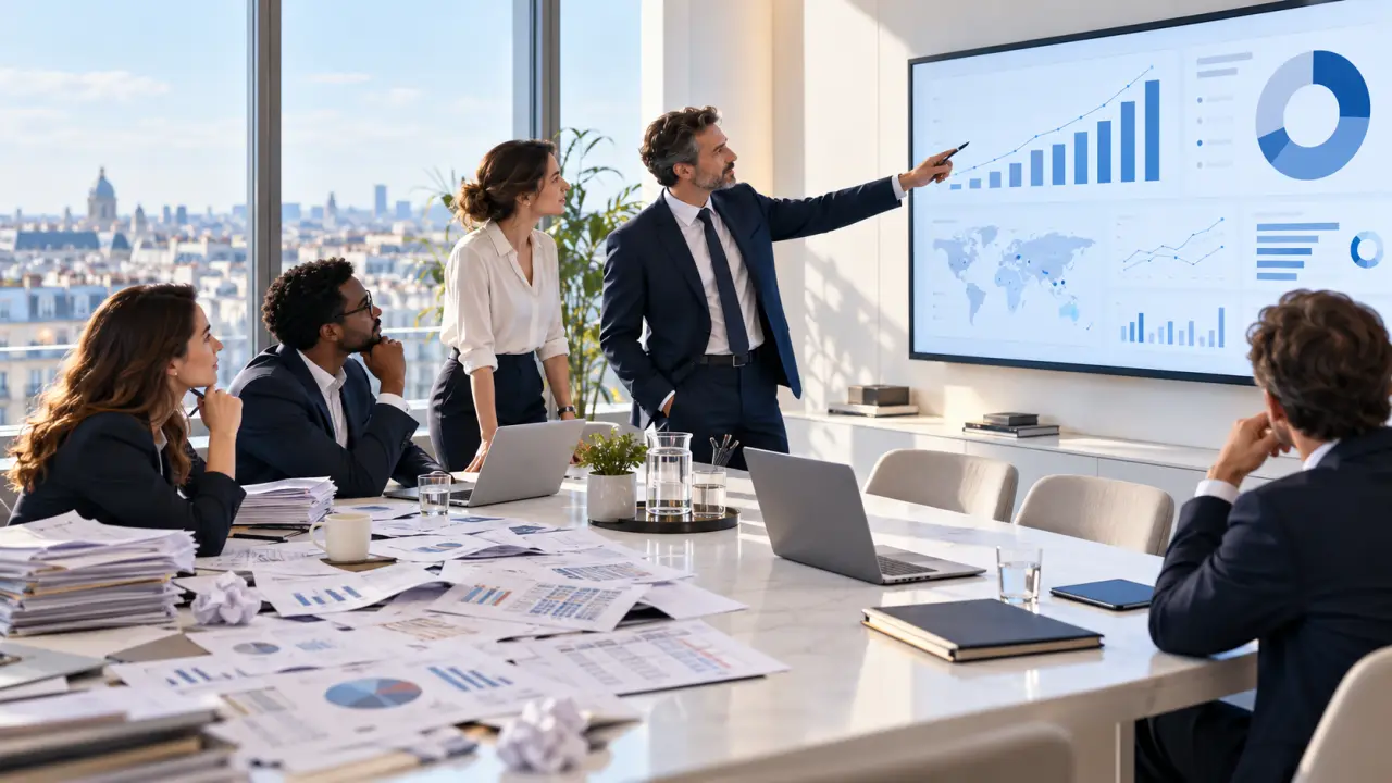 Dirigeants analysant des indicateurs financiers lors d'une réunion