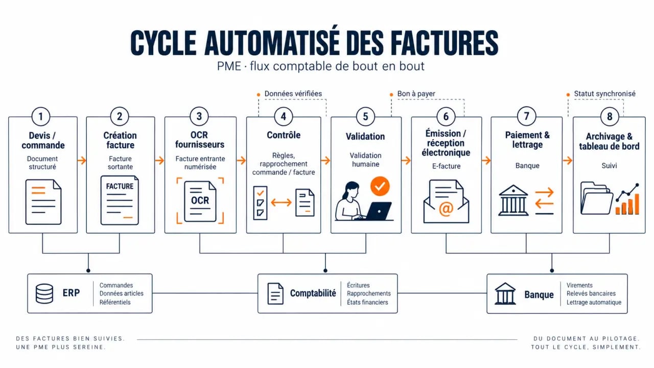 Cycle de l’automatisation des factures PME du devis au lettrage bancaire