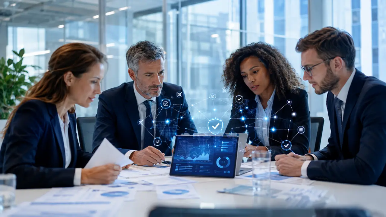 Professionnels en réunion autour d'une table en verre dans un bureau moderne et lumineux