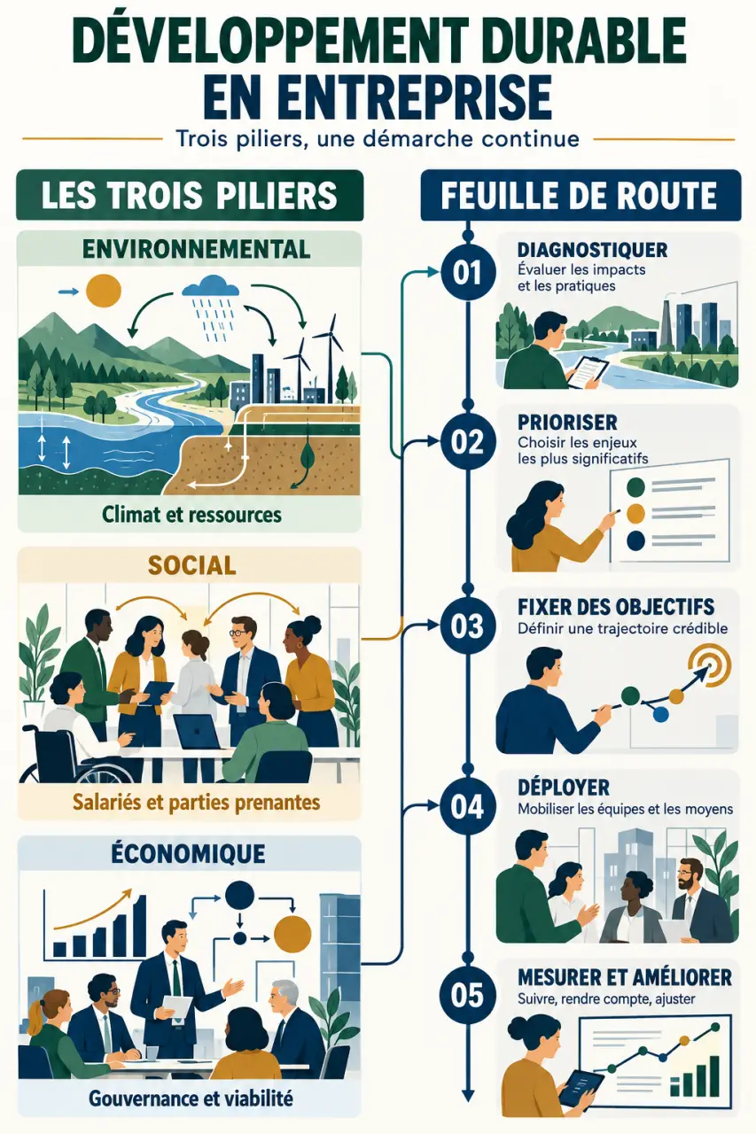Infographie sur le développement durable dans les entreprises : trois piliers et feuille de route RSE
