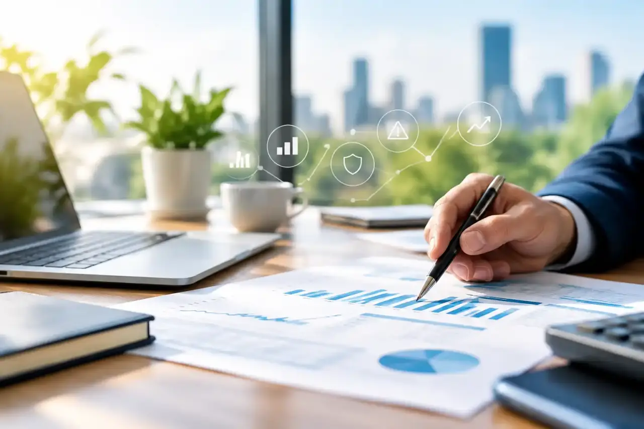 Professionnels analysant des indicateurs financiers en réunion dans un bureau lumineux