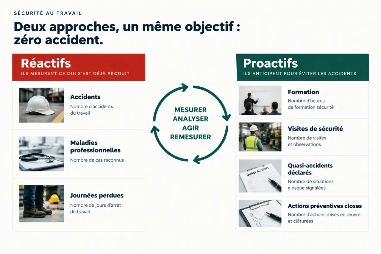 Schéma des indicateurs de sécurité réactifs et proactifs et de la boucle mesurer, analyser, agir, remesurer