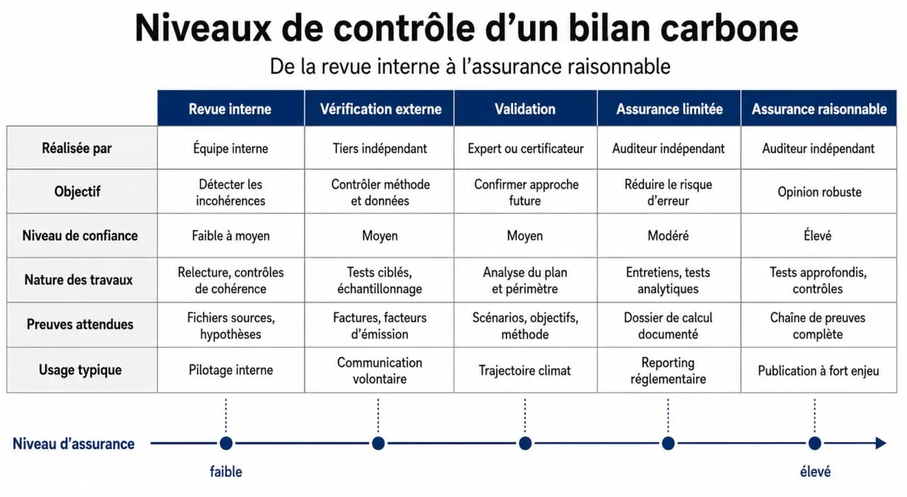 Audit bilan carbone : tableau comparatif entre revue interne, vérification externe et niveaux d’assurance
