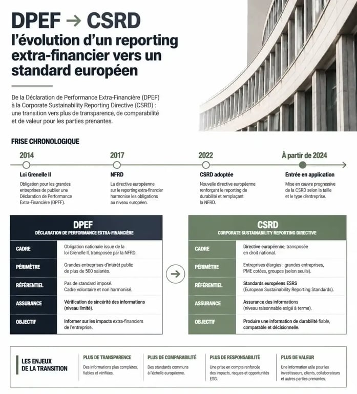 Frise chronologique de la transition de la déclaration de performance extra financière vers la CSRD