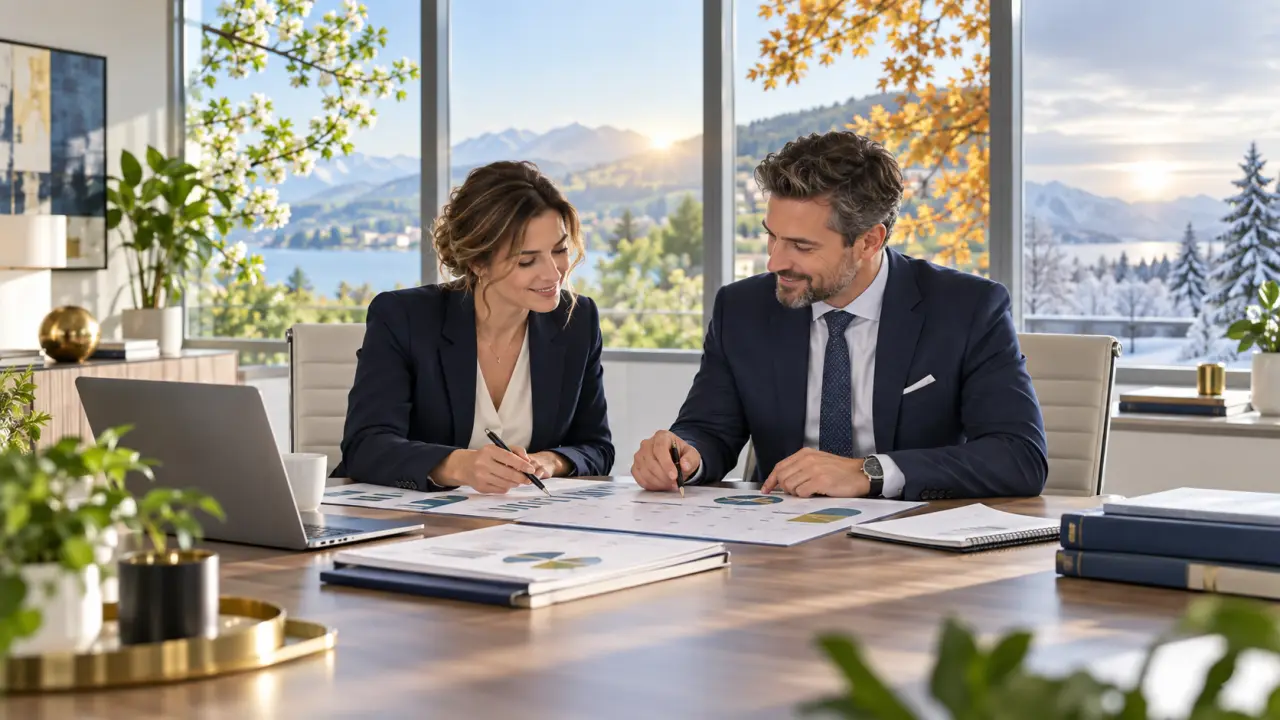 Dirigeants de PME analysant des documents financiers dans un bureau lumineux