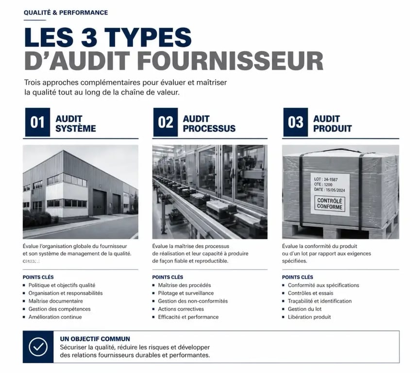Infographie des trois types d'audit fournisseurs : système, processus et produit