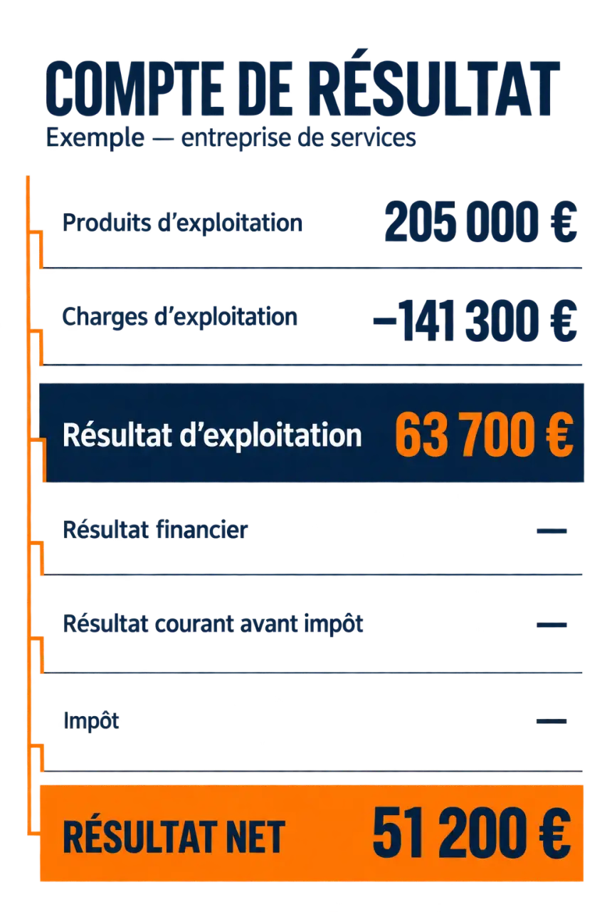 Exemple de compte de résultat avec produits, charges et résultat net