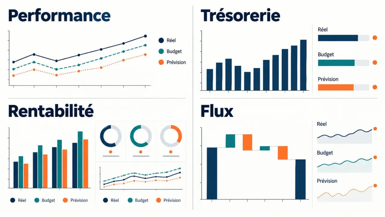 Reporting financier présentant la rentabilité, la trésorerie et les écarts entre réel, budget et prévision