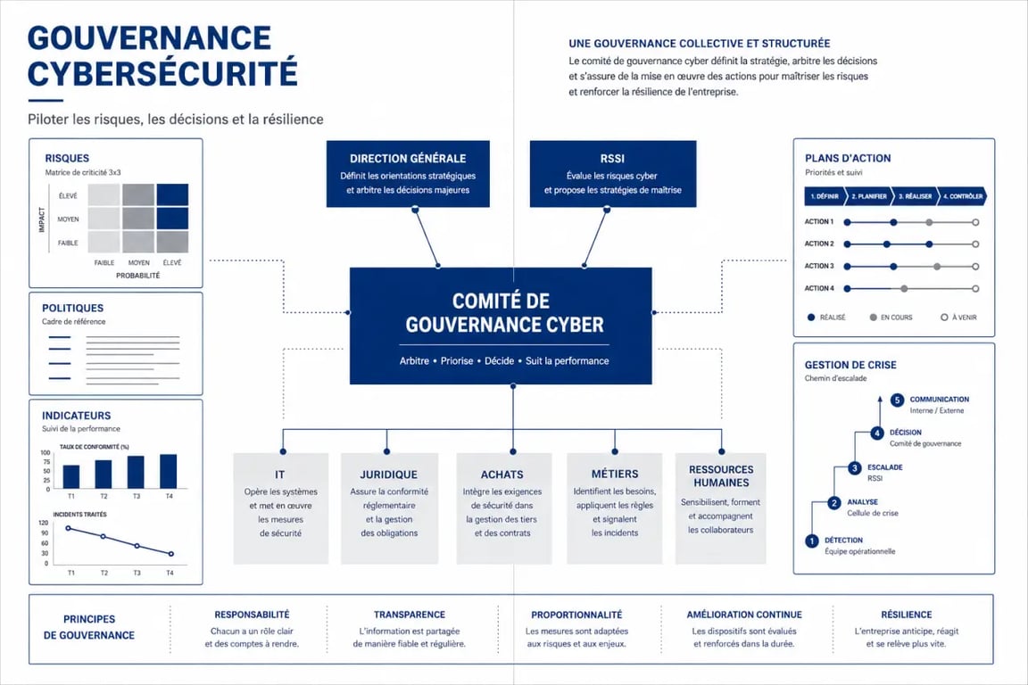 Schéma de gouvernance cybersécurité montrant rôles, processus, indicateurs et instances de décision
