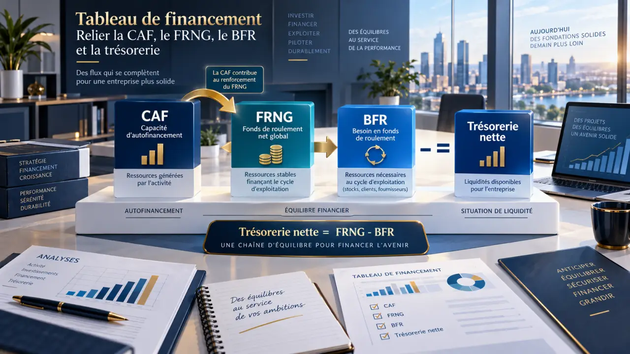 Tableau de financement : relier la CAF, le FRNG, le BFR et la trésorerie