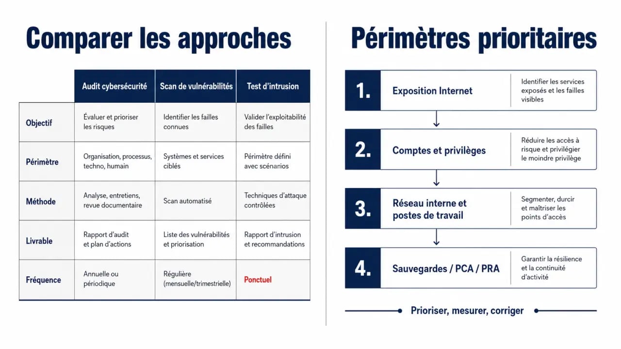 Audit cybersécurité PME : comparaison audit, scan de vulnérabilités et pentest avec les 4 périmètres à examiner