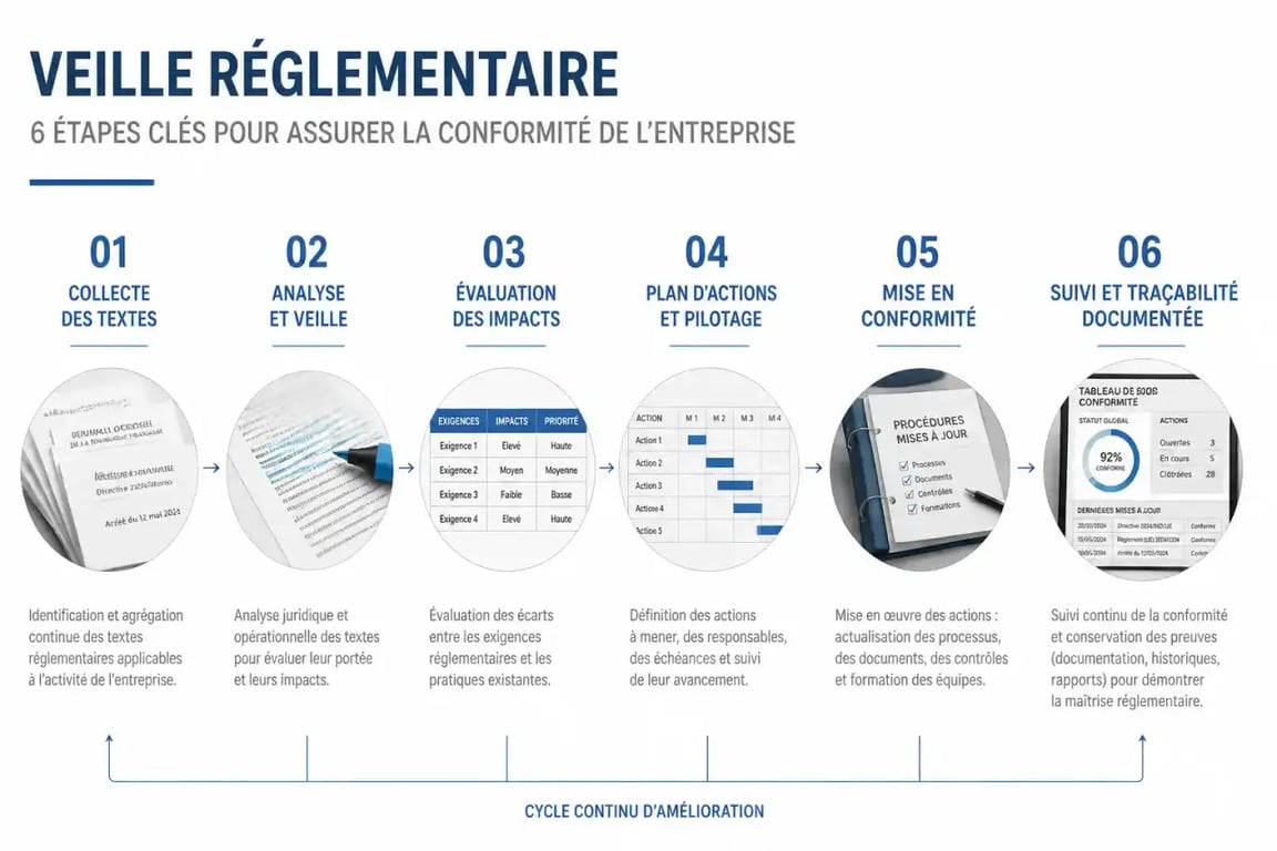 Schéma du processus de veille réglementaire en six étapes