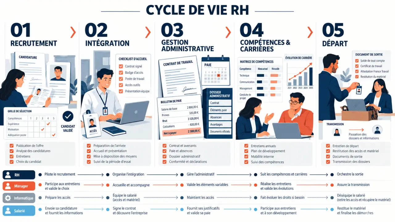 Schéma du cycle de vie d’un processus ressources humaines entre recrutement, intégration, gestion et départ