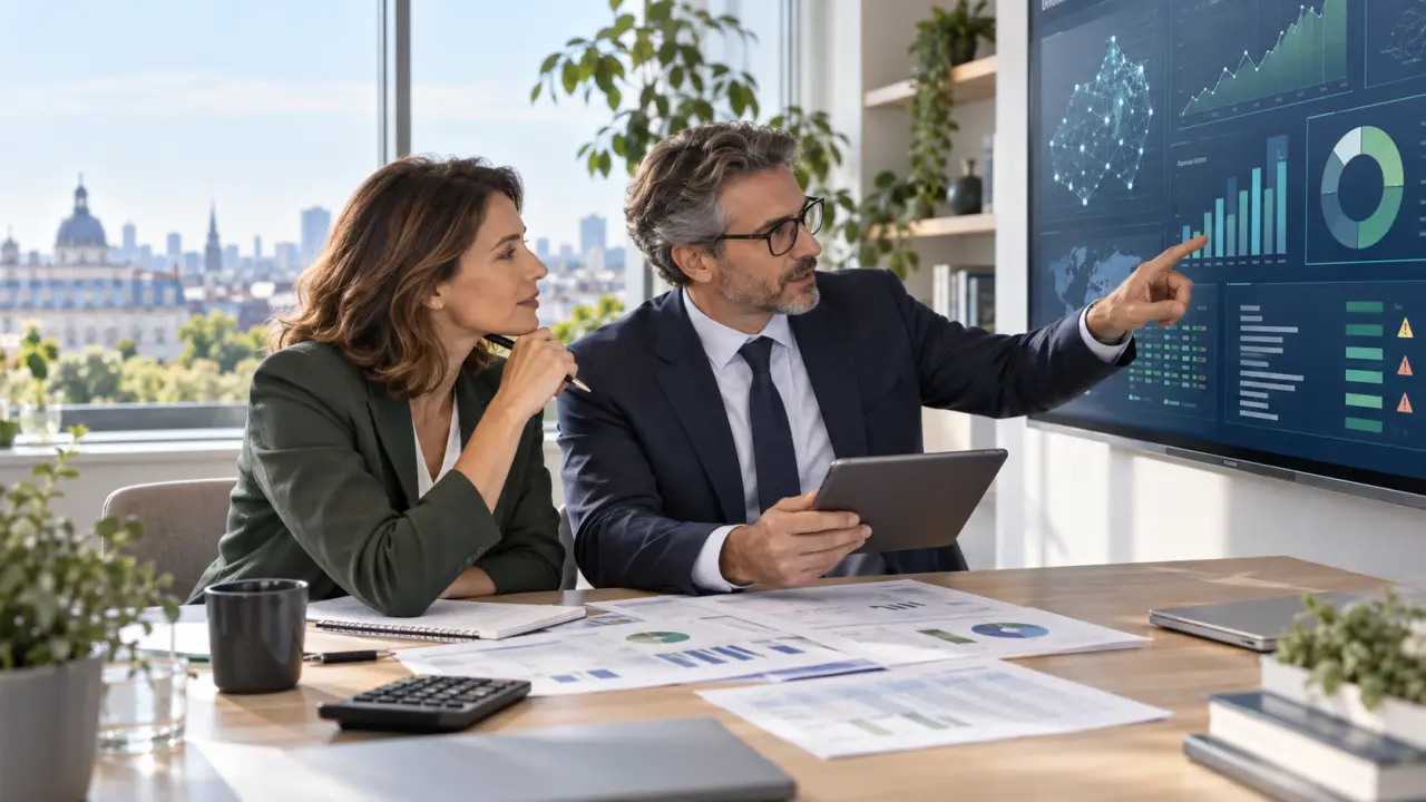 Dirigeants et auditeurs analysant des données financières avec des outils d'intelligence artificielle