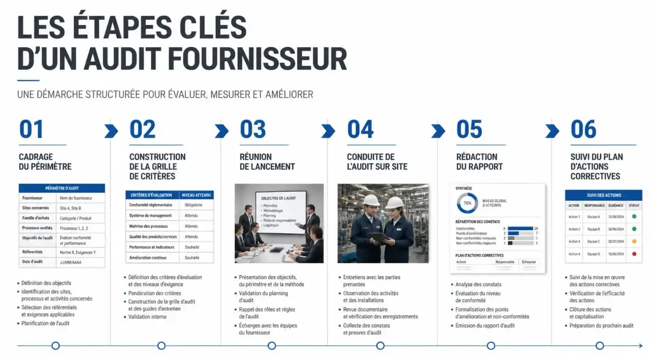 Étapes clés du déroulement d'un audit fournisseurs, du cadrage au plan d'actions correctives