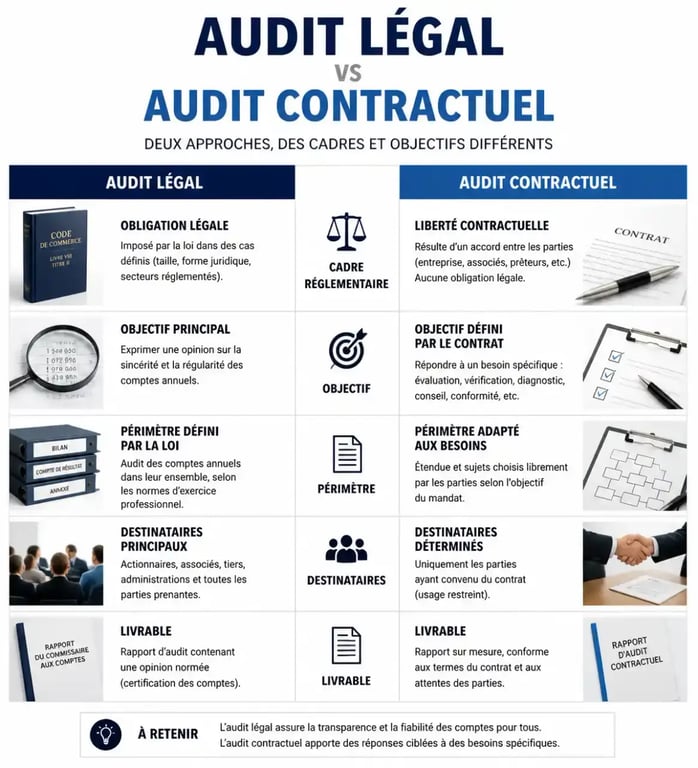 Tableau comparatif entre audit légal et audit contractuel pour les entreprises